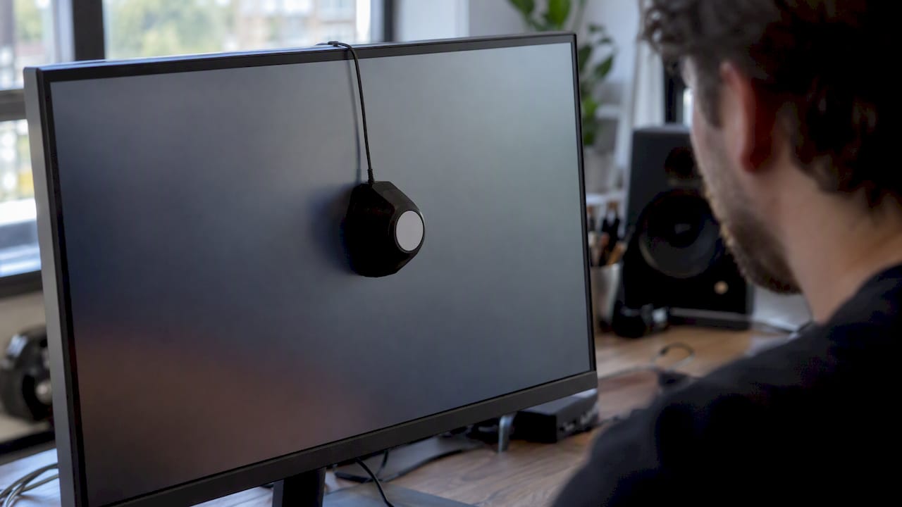 Hardwarekalibrator bevestigd op een IPS-monitor