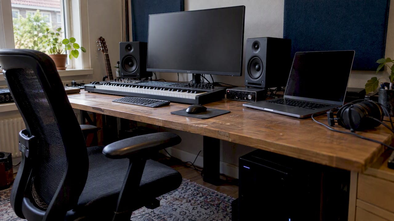 Desktop en laptop in een muziekproductiestudio