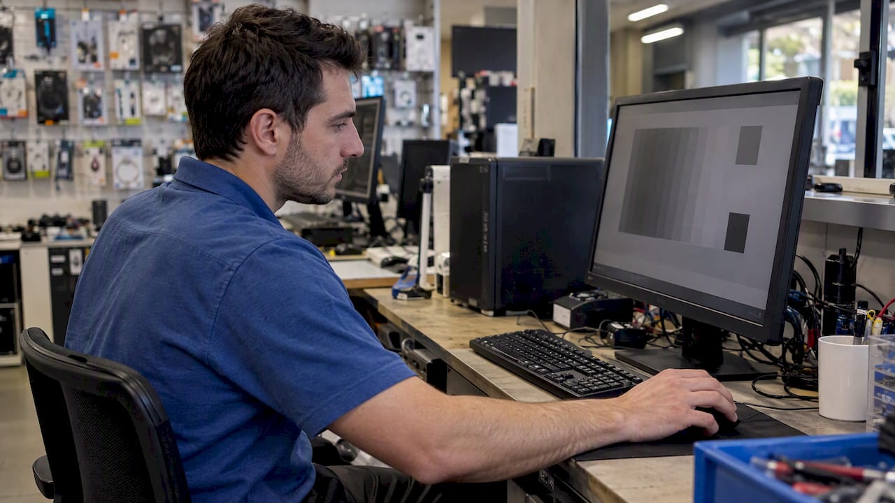 Technicus richt het kleurbeheer van een monitor in