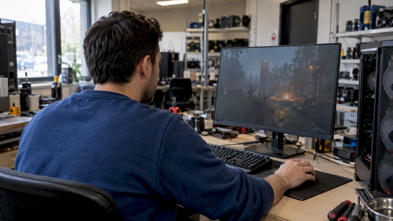 Gamer vergelijkt beeldkwaliteit op een test-pc
